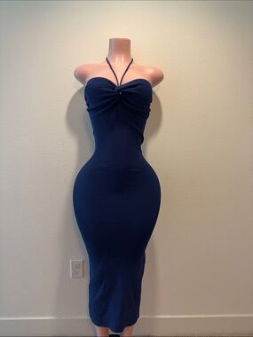 Navy Halter Midi Dress - Elegant Bodycon